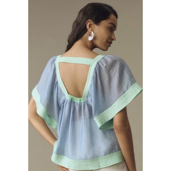 Anthropologie Women's Light Blue & Green Colorblock Babydoll Top Size M - Picture 3 of 9